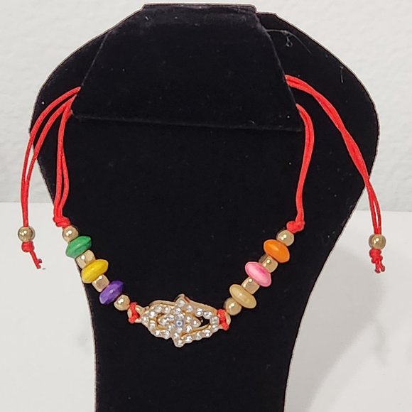 D'Bello Rhinstone hamsa hand red string adjustable bracelet - Picture 4 of 5